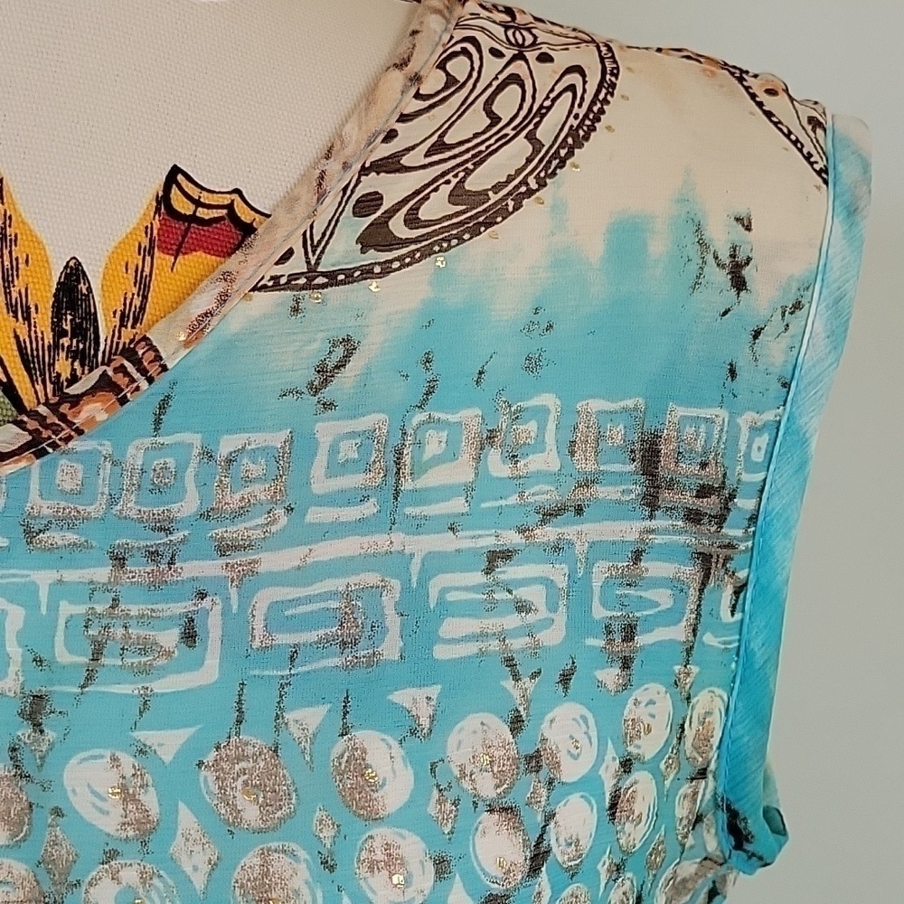 Connie's Moonlight sleeveless dress in browns & blues. With shrug jacket small - Picture 6 of 15